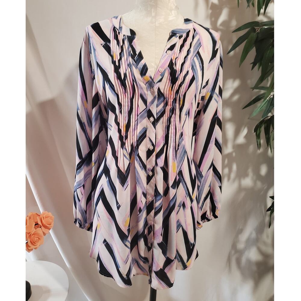 Melissa McCarthy Seven7 Pleated Tieback Button-Up Blouse Size 1X Multi Flowy Top